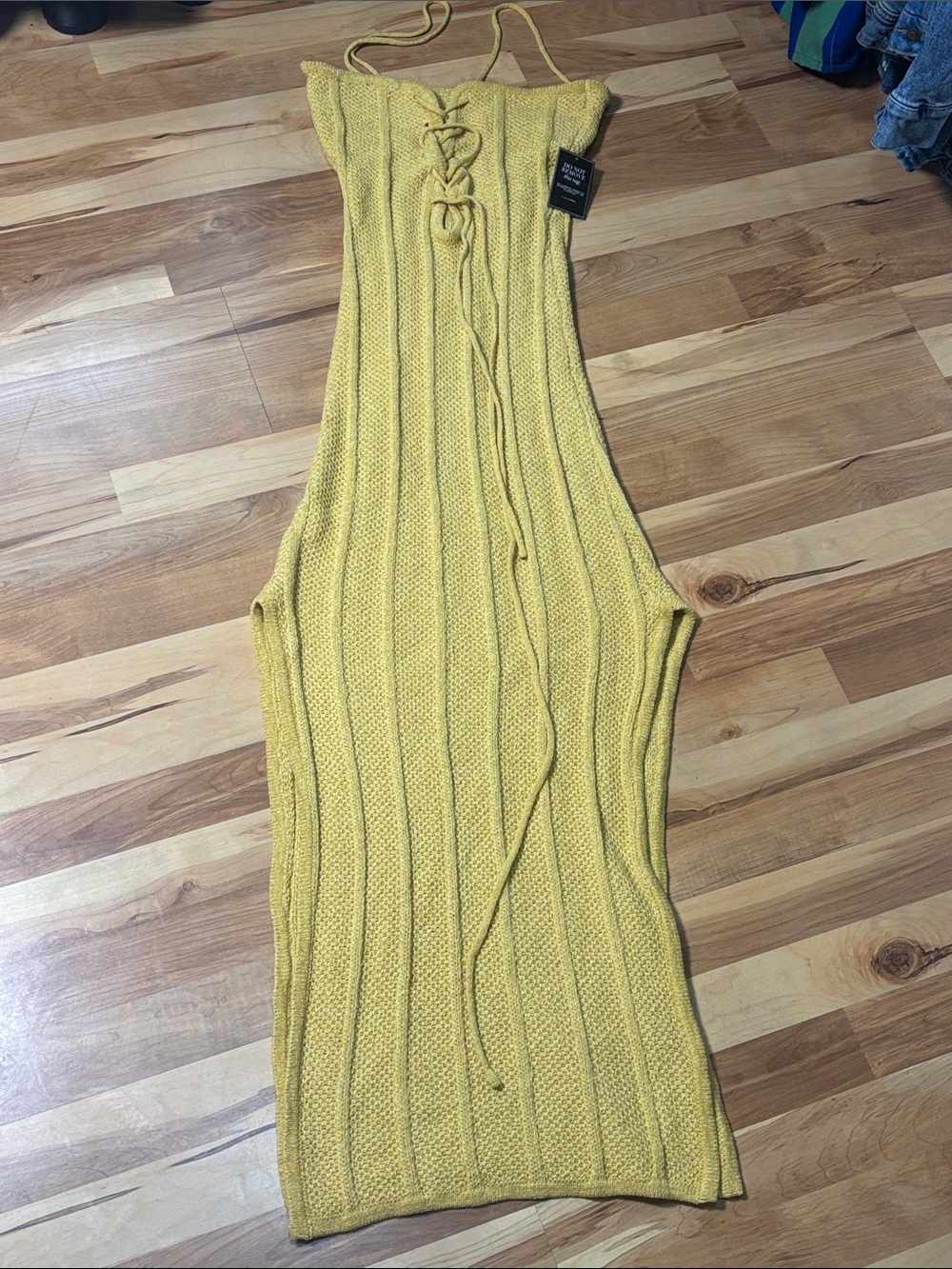 JLUXLABEL Yellow Ribbed Lace-Up Maxi Dress